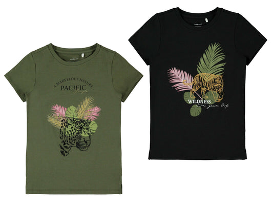 Mädchen T-Shirt kurzärmlig Tiger Wildnis Geschenkidee Oliv Schwarz top