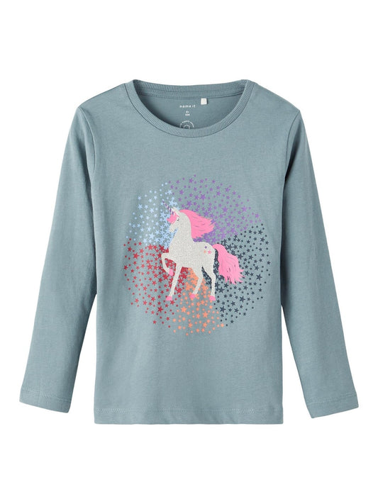 Mädchen Langarmshirt Einhorn Blau Weiß Glitzer Geschenkidee neu top