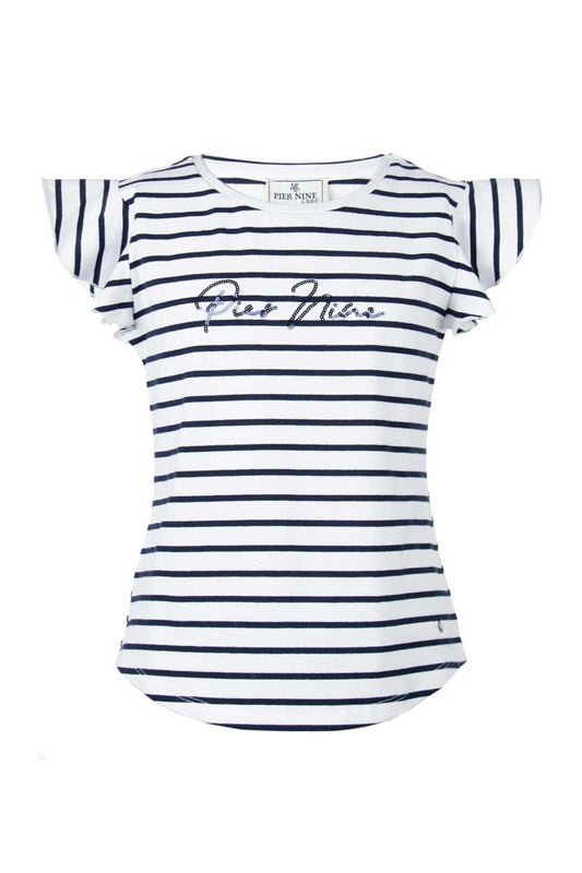 PIER NINE Mädchen T-Shirt  Weiß Streifen Marine Glitzer edel