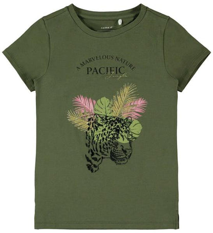 Mädchen T-Shirt kurzärmlig Tiger Wildnis Geschenkidee Oliv Schwarz top