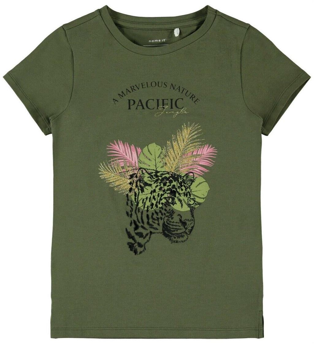 Mädchen T-Shirt kurzärmlig Tiger Wildnis Geschenkidee Oliv Schwarz top