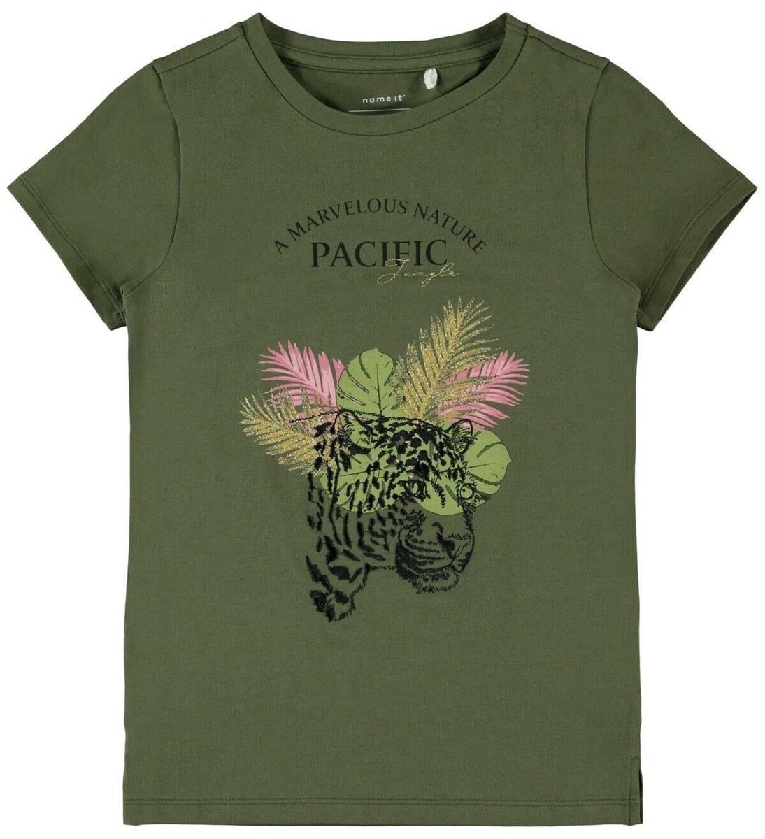Mädchen T-Shirt kurzärmlig Tiger Wildnis Geschenkidee Oliv Schwarz top