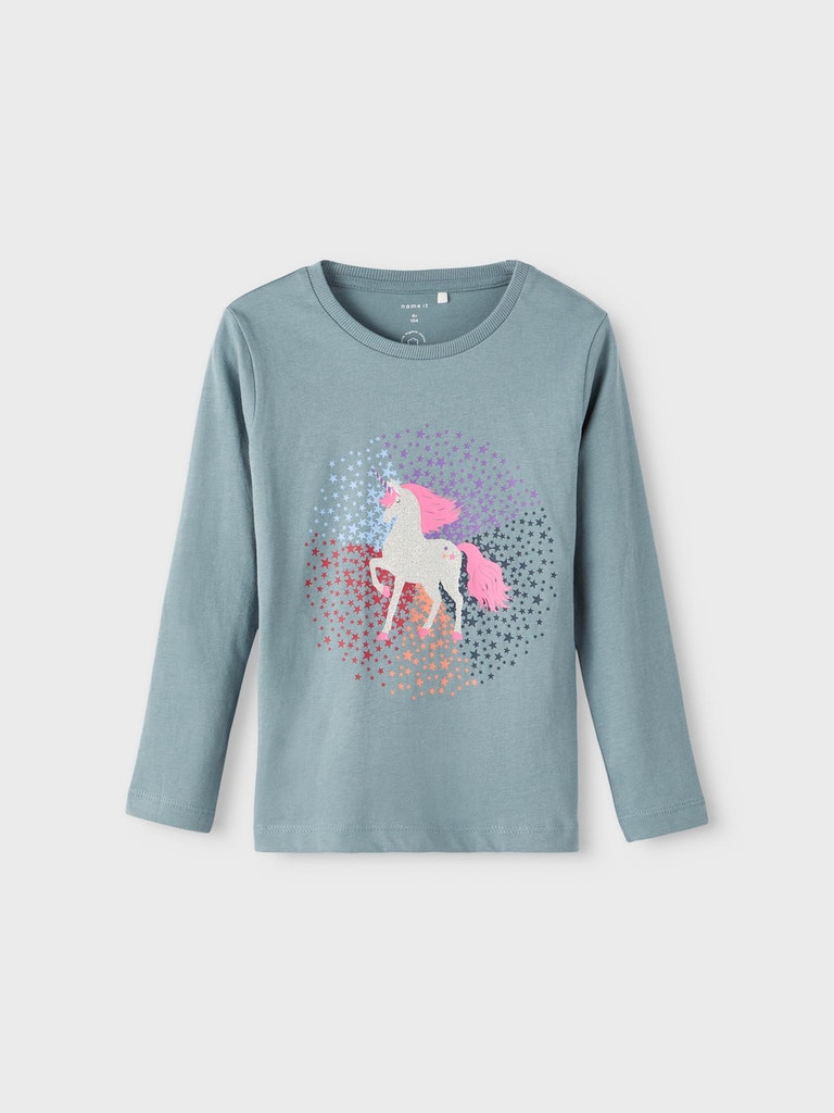 Mädchen Langarmshirt Einhorn Blau Weiß Glitzer Geschenkidee neu top