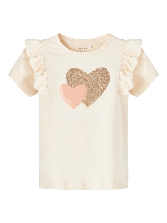 Name it Mädchen T-Shirt Herz Glitzer Apricot Lila Geschenkidee edel