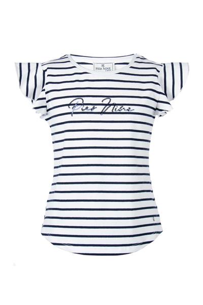 PIER NINE Mädchen T-Shirt  Weiß Streifen Marine Glitzer edel