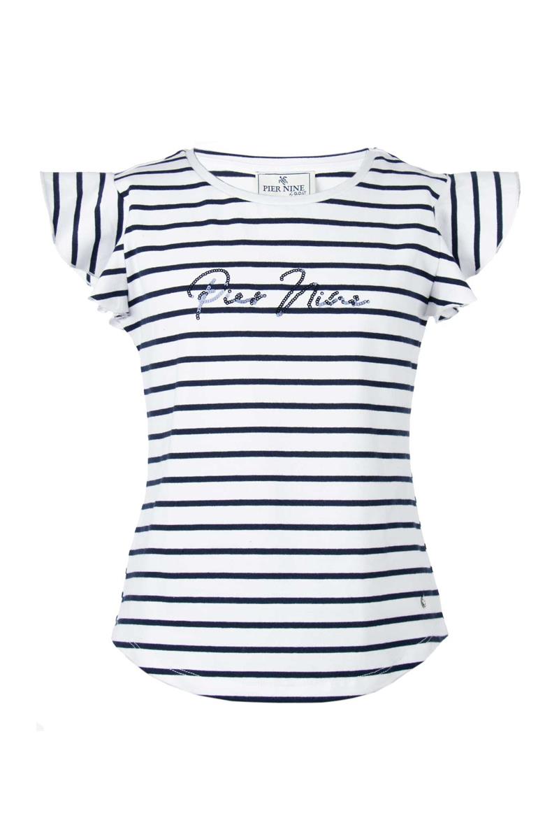 PIER NINE Mädchen T-Shirt  Weiß Streifen Marine Glitzer edel