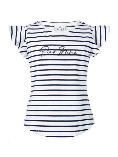 PIER NINE Mädchen T-Shirt  Weiß Streifen Marine Glitzer edel