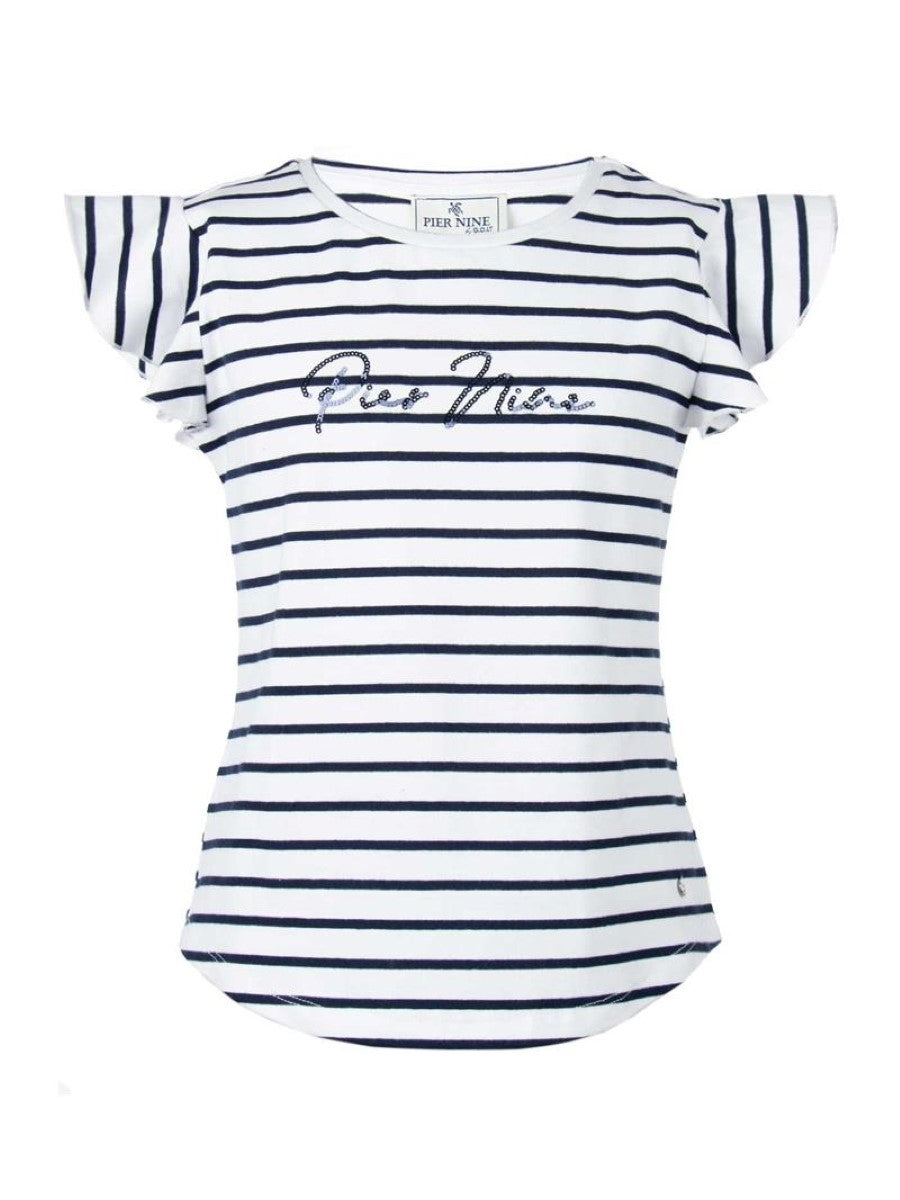 PIER NINE Mädchen T-Shirt  Weiß Streifen Marine Glitzer edel